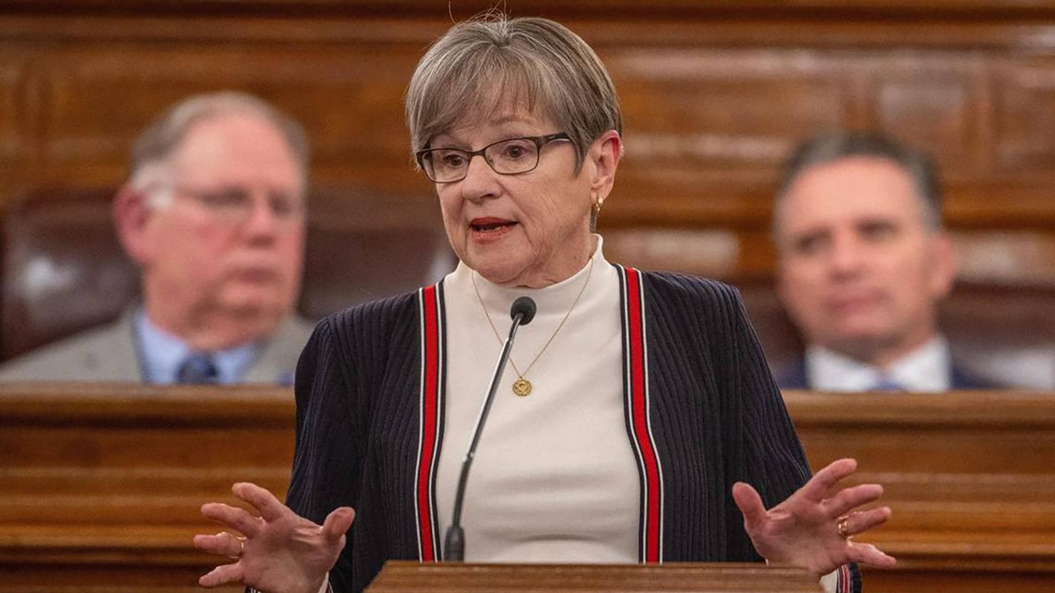 Kansas Gov. Laura Kelly delivers the State of the State address in the Kansas State Capitol